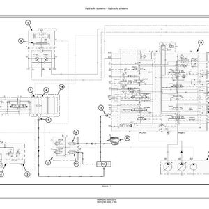 Może przedstawiać: Szczeg&oacute;łowy schemat hydrauliczny w czerni i bieli. Diagram zawiera r&oacute;żne komponenty, linie i etykiety, ilustrujące funkcjonalność systemu. Tytuł "Hydraulic systems - Hydraulic systems" znajduje się na g&oacute;rze.