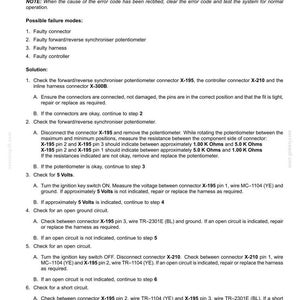 May include: A document detailing electrical system fault codes, specifically for a forward/reverse synchroniser potentiometer signal that is too low. Includes troubleshooting steps, connector checks, and voltage measurements. The document is dated 03/07/2018.