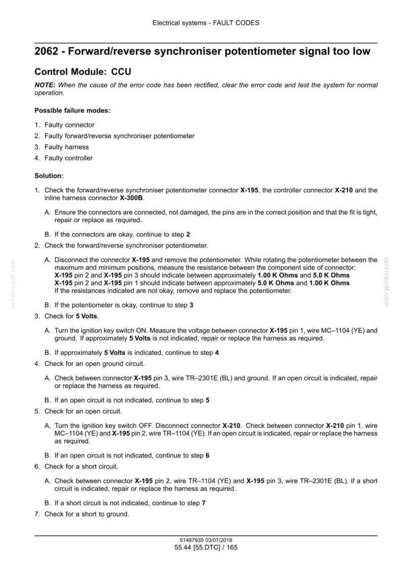 May include: A document detailing electrical system fault codes, specifically for a forward/reverse synchroniser potentiometer signal that is too low. Includes troubleshooting steps, connector checks, and voltage measurements. The document is dated 03/07/2018.