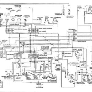 May include: A detailed black and white schematic diagram of an electrical system, featuring numerous interconnected components, labels, and wiring. Includes text such as "Hydraulic Oil Temp Gauge Lamp" and "Engine Temp Gauge Lamp".