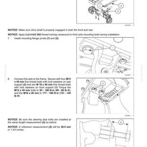 May include: Diagram of a front axle system with instructions for assembly. Includes illustrations of components, torque specifications in lb ft, and measurements in inches and mm. Text includes notices and part numbers.