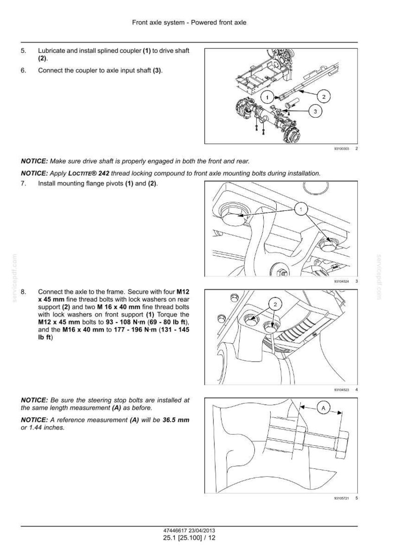 May include: Diagram of a front axle system with instructions for assembly. Includes illustrations of components, torque specifications in lb ft, and measurements in inches and mm. Text includes notices and part numbers.