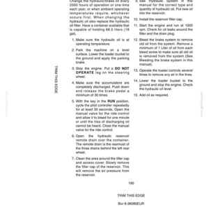 May include: A page from a manual detailing hydraulic/brake oil change procedures. The text includes steps for changing the oil, replacing the filter, and bleeding the brake system. The manual also provides safety instructions and measurement units in liters and gallons.