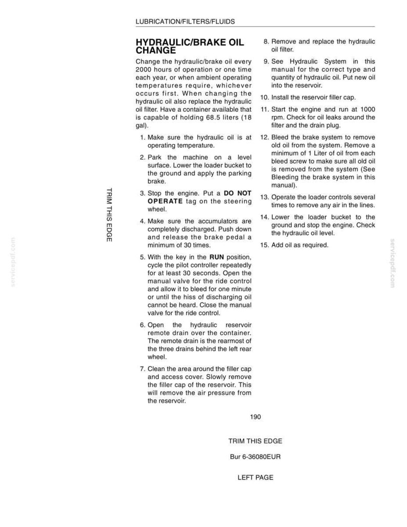 May include: A page from a manual detailing hydraulic/brake oil change procedures. The text includes steps for changing the oil, replacing the filter, and bleeding the brake system. The manual also provides safety instructions and measurement units in liters and gallons.