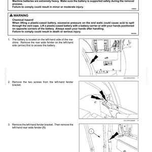 Puede incluir: Diagrama que ilustra los pasos para reemplazar una bater&iacute;a de m&aacute;quina. Incluye advertencias sobre piezas pesadas y riesgos qu&iacute;micos. Las instrucciones detallan la extracci&oacute;n del guardabarros y el soporte para acceder a la bater&iacute;a.