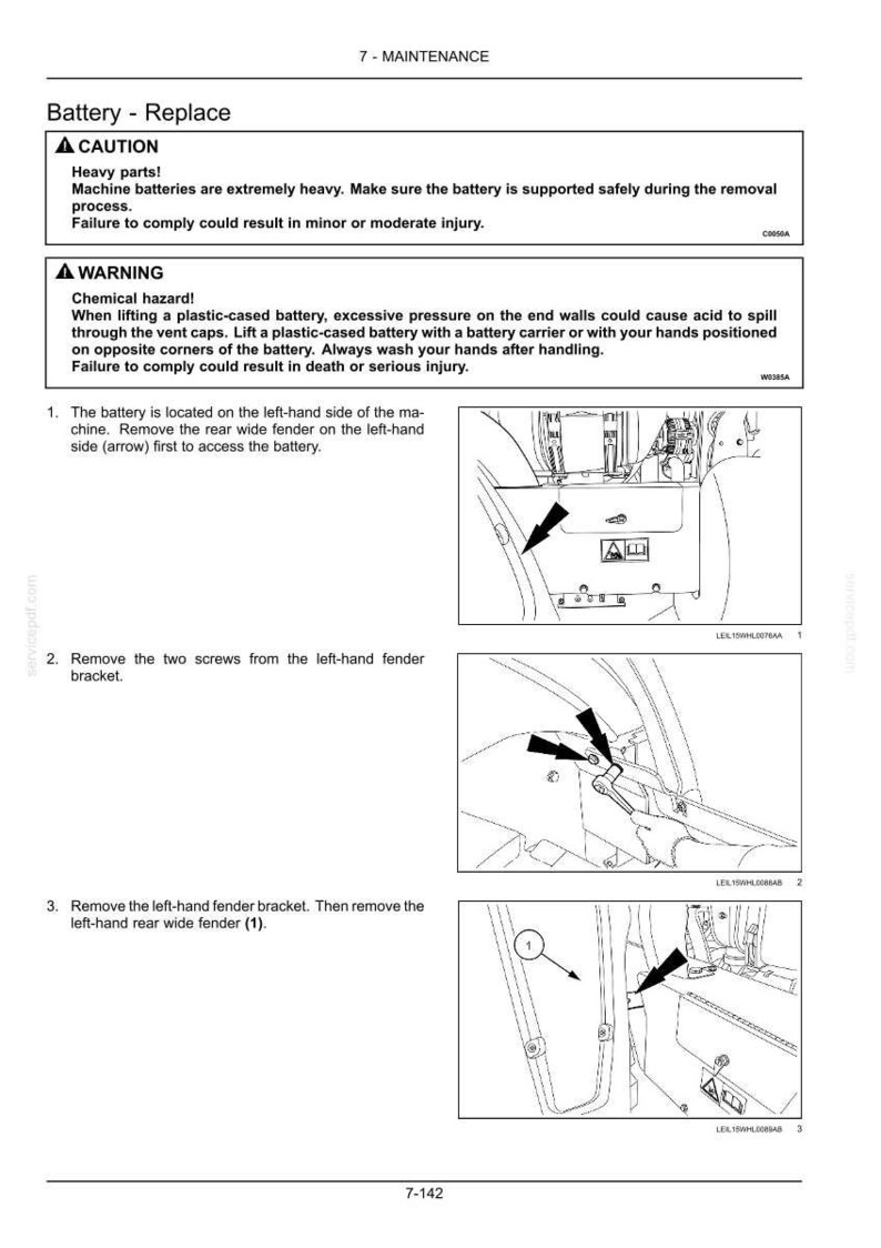 Puede incluir: Diagrama que ilustra los pasos para reemplazar una bater&iacute;a de m&aacute;quina. Incluye advertencias sobre piezas pesadas y riesgos qu&iacute;micos. Las instrucciones detallan la extracci&oacute;n del guardabarros y el soporte para acceder a la bater&iacute;a.