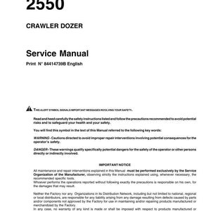 Pu&ograve; includere: Un manuale di servizio bianco intitolato "Service Manual" con il numero "2550" e "CRAWLER DOZER" in alto. Il manuale include avvertenze di sicurezza e avvisi importanti.