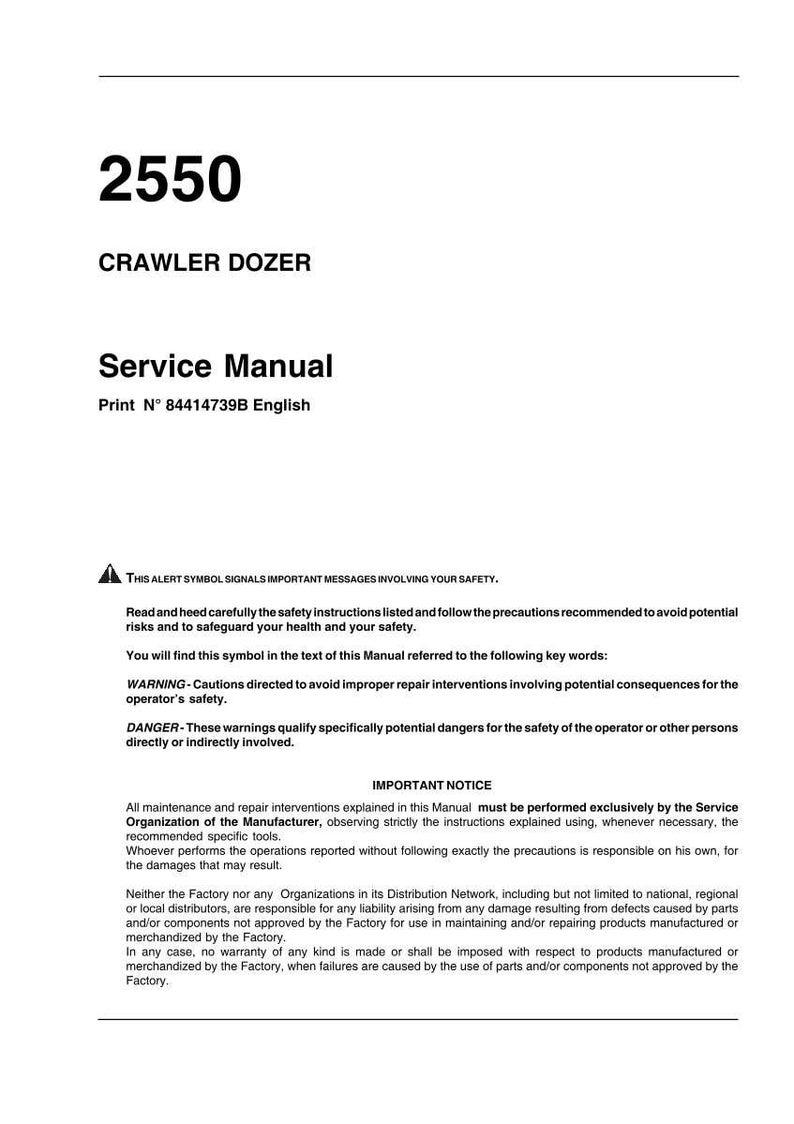 Pu&ograve; includere: Un manuale di servizio bianco intitolato "Service Manual" con il numero "2550" e "CRAWLER DOZER" in alto. Il manuale include avvertenze di sicurezza e avvisi importanti.