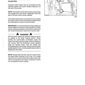 K&ouml;nnte beinhalten: Eine technische Handbuchseite mit dem Titel SECTION 3 - FIELD OPERATIONS zu Anh&auml;ngerbremssystemen. Sie enth&auml;lt Anweisungen zu hydraulischen Anh&auml;ngerbremsen und eine schwarz-wei&szlig;e Strichzeichnung mit einer Kupplung 1 und einer Staubkappe 2.
