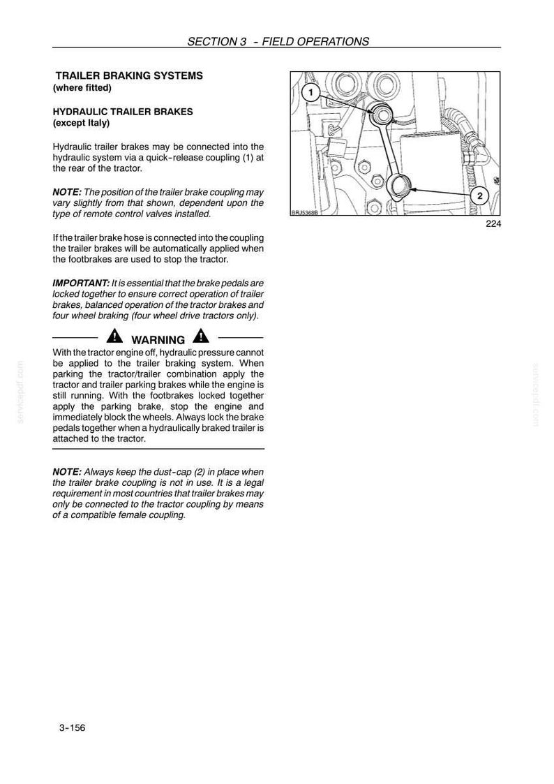 K&ouml;nnte beinhalten: Eine technische Handbuchseite mit dem Titel SECTION 3 - FIELD OPERATIONS zu Anh&auml;ngerbremssystemen. Sie enth&auml;lt Anweisungen zu hydraulischen Anh&auml;ngerbremsen und eine schwarz-wei&szlig;e Strichzeichnung mit einer Kupplung 1 und einer Staubkappe 2.