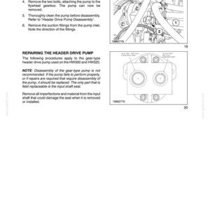 以下が含まれることがあります： SECTION 35 - HYDRAULIC SYSTEMS - CHAPTER 1と題された技術マニュアルのページ。HW300およびHW320モデルのヘッダ駆動ポンプの修理手順が記載されており、機械部品の白黒線画が2つ添えられています。