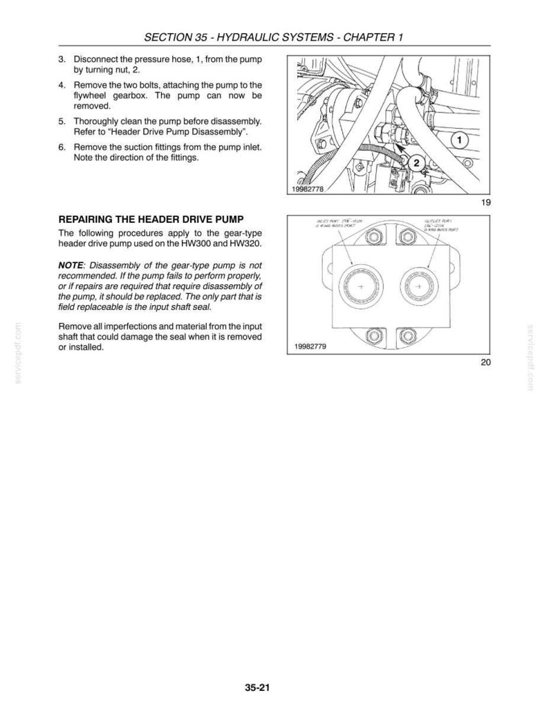 以下が含まれることがあります： SECTION 35 - HYDRAULIC SYSTEMS - CHAPTER 1と題された技術マニュアルのページ。HW300およびHW320モデルのヘッダ駆動ポンプの修理手順が記載されており、機械部品の白黒線画が2つ添えられています。
