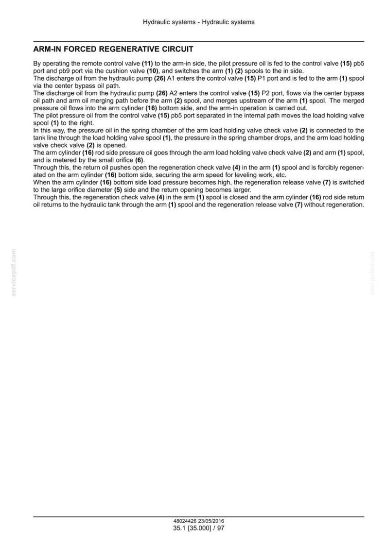 May include: A technical diagram titled "ARM-IN FORCED REGENERATIVE CIRCUIT" with detailed text explaining hydraulic systems. The document includes diagrams and technical specifications, suitable for engineering or technical reference.