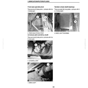 Puede incluir: Una p&aacute;gina de manual que detalla los puntos de lubricaci&oacute;n de los componentes del veh&iacute;culo. La imagen muestra primeros planos del pivote del husillo del eje delantero, la junta universal, el eje de transmisi&oacute;n y los cojinetes del eje de la rueda en t&aacute;ndem. Texto.