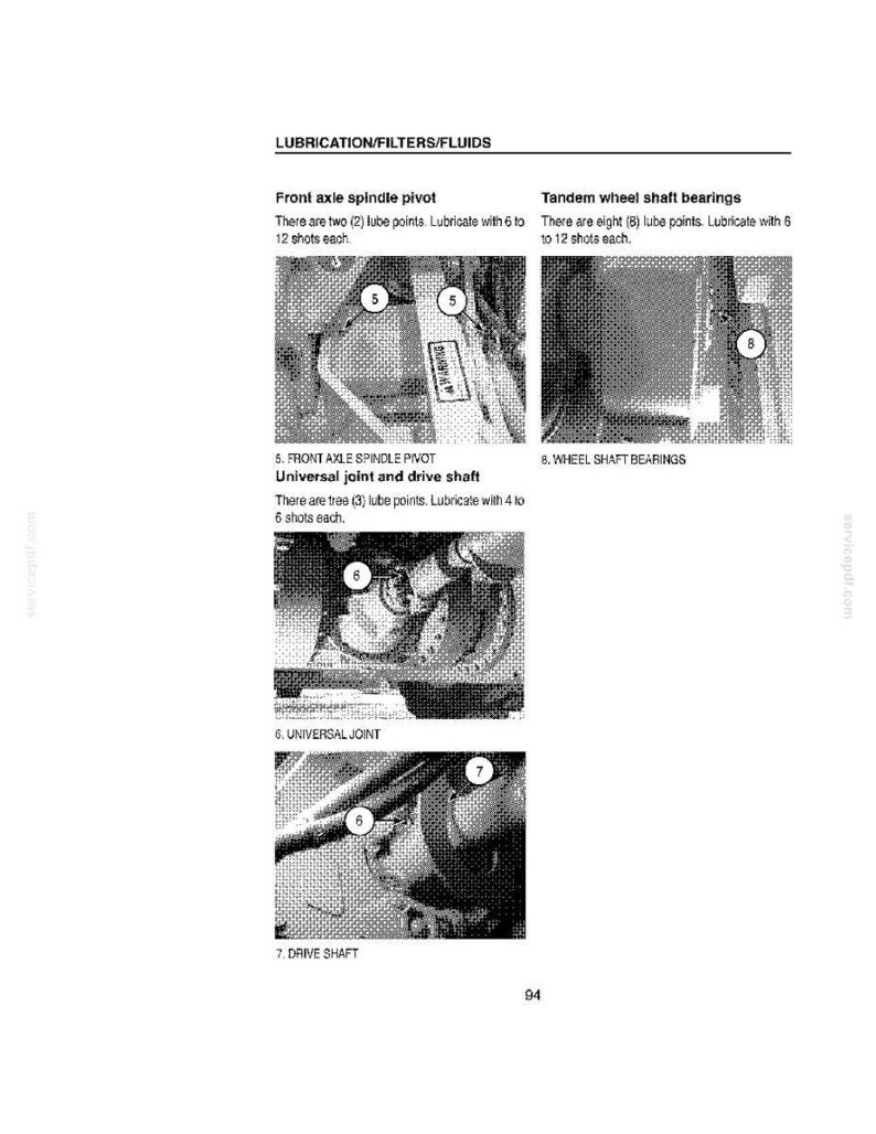 Puede incluir: Una p&aacute;gina de manual que detalla los puntos de lubricaci&oacute;n de los componentes del veh&iacute;culo. La imagen muestra primeros planos del pivote del husillo del eje delantero, la junta universal, el eje de transmisi&oacute;n y los cojinetes del eje de la rueda en t&aacute;ndem. Texto.