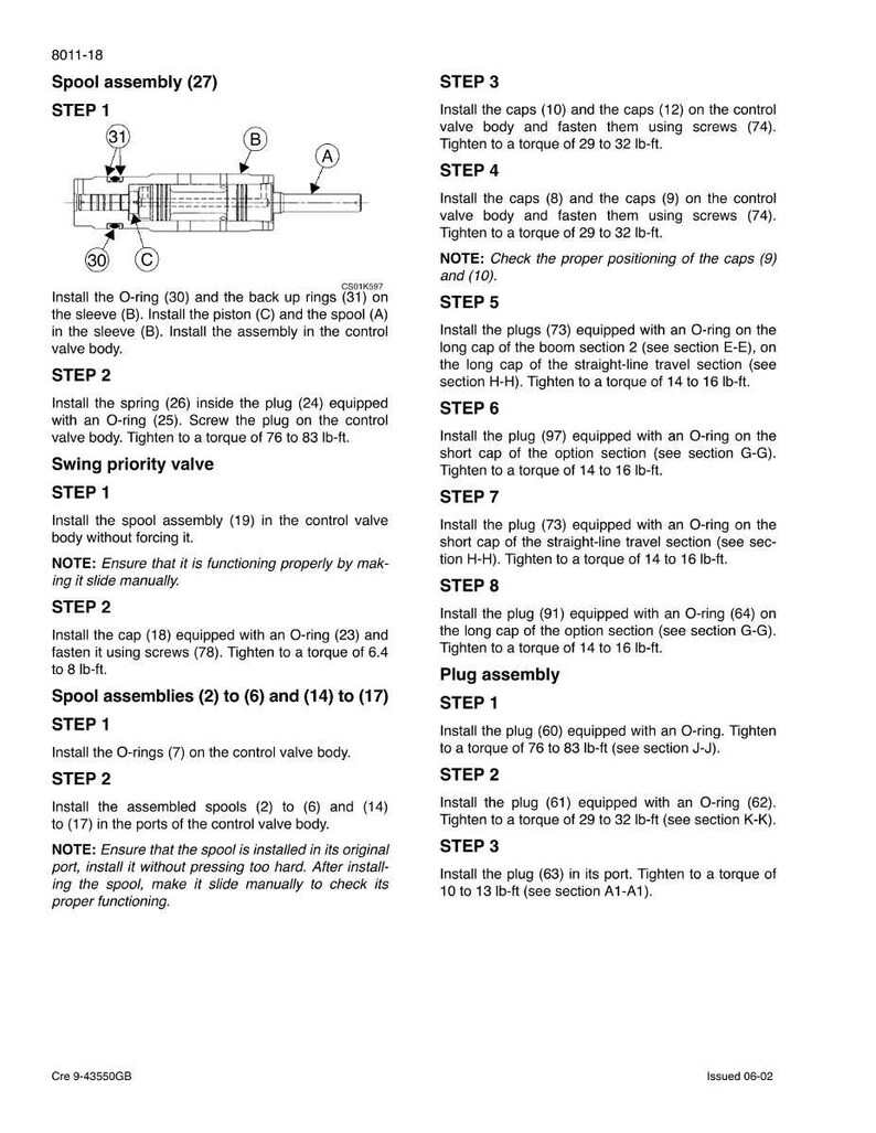 May include: Technical diagram with instructions for assembling a spool and plug assembly. The diagram includes detailed steps, part numbers, and torque specifications in lb-ft for various components. The image is a black and white technical drawing.