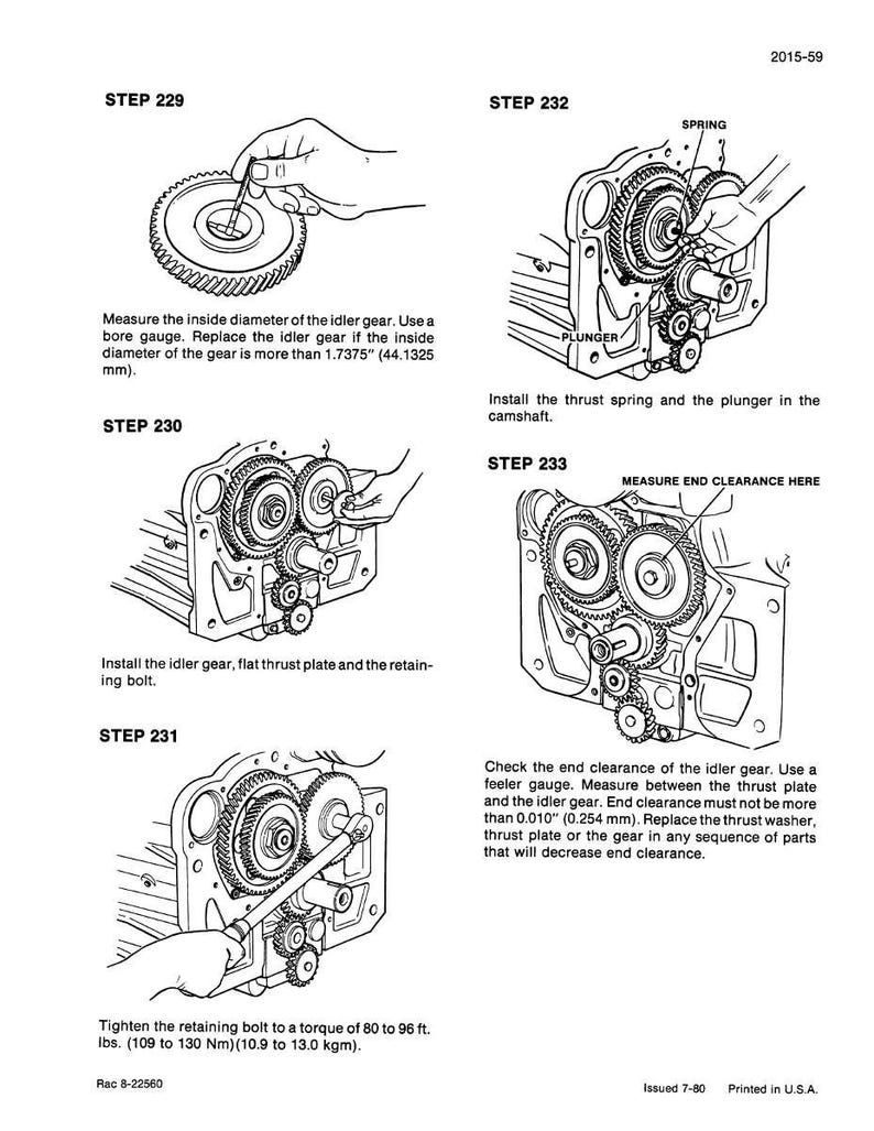 Puede incluir: Diagrama en blanco y negro que ilustra los pasos de montaje del motor. Incluye primeros planos de engranajes, muelles y pernos con medidas en mm y Newton metros. Las instrucciones de texto acompa&ntilde;an cada paso, guiando el proceso de montaje.