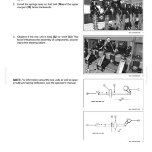 May include: Diagram of tool support assembly with numbered components and instructions. Includes close-up photos of the assembly process, with labels for bolts and springs. The text includes instructions for assembly and notes on row unit length.