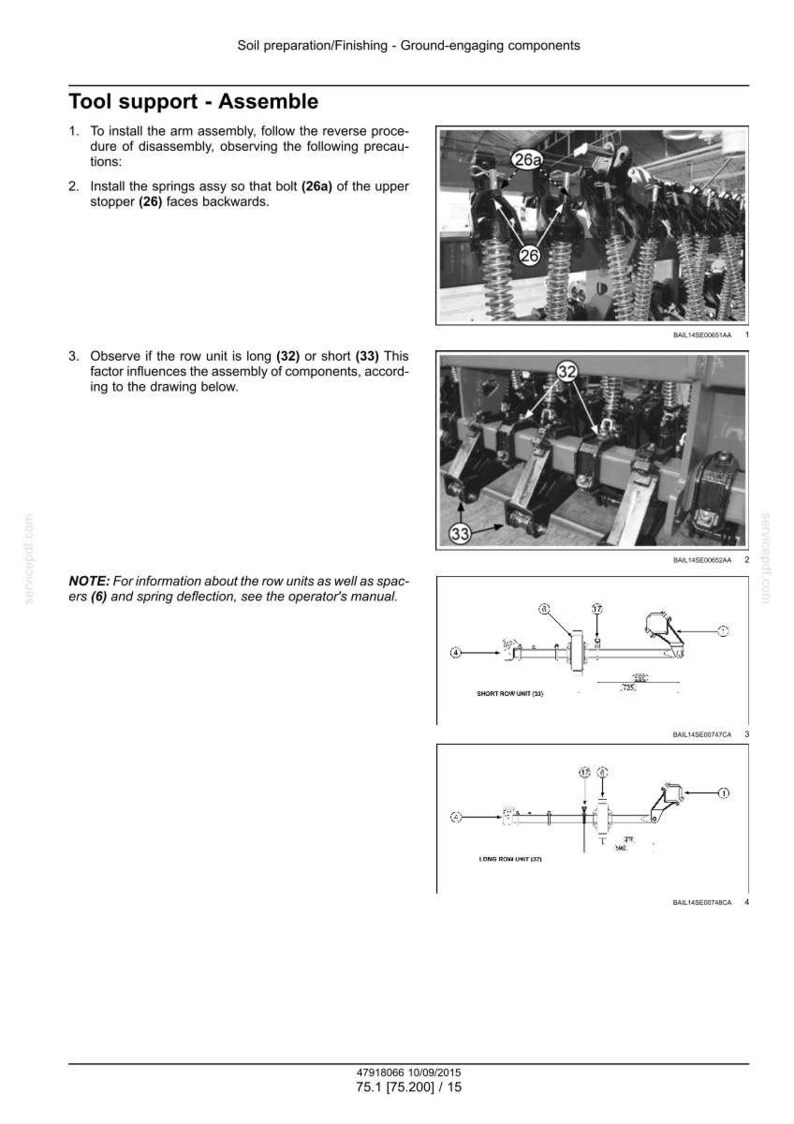 May include: Diagram of tool support assembly with numbered components and instructions. Includes close-up photos of the assembly process, with labels for bolts and springs. The text includes instructions for assembly and notes on row unit length.