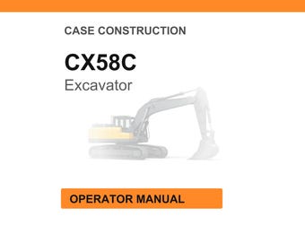 May include: White background with an orange header and footer. The text "CASE CONSTRUCTION" is at the top. The text "CX58C Excavator" is in the center. The text "OPERATOR MANUAL" is in an orange box at the bottom. A faded image of an excavator is in the background.