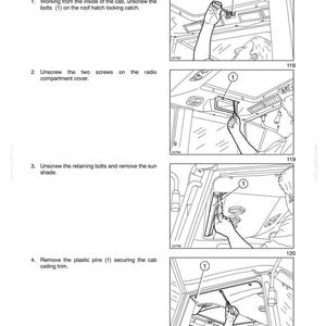 Puede incluir: Diagramas que ilustran los pasos para el montaje del techo de la cabina, incluyendo el desenroscado de pernos, tornillos y la extracci&oacute;n de la visera y los pasadores de pl&aacute;stico. Los diagramas son de un manual.