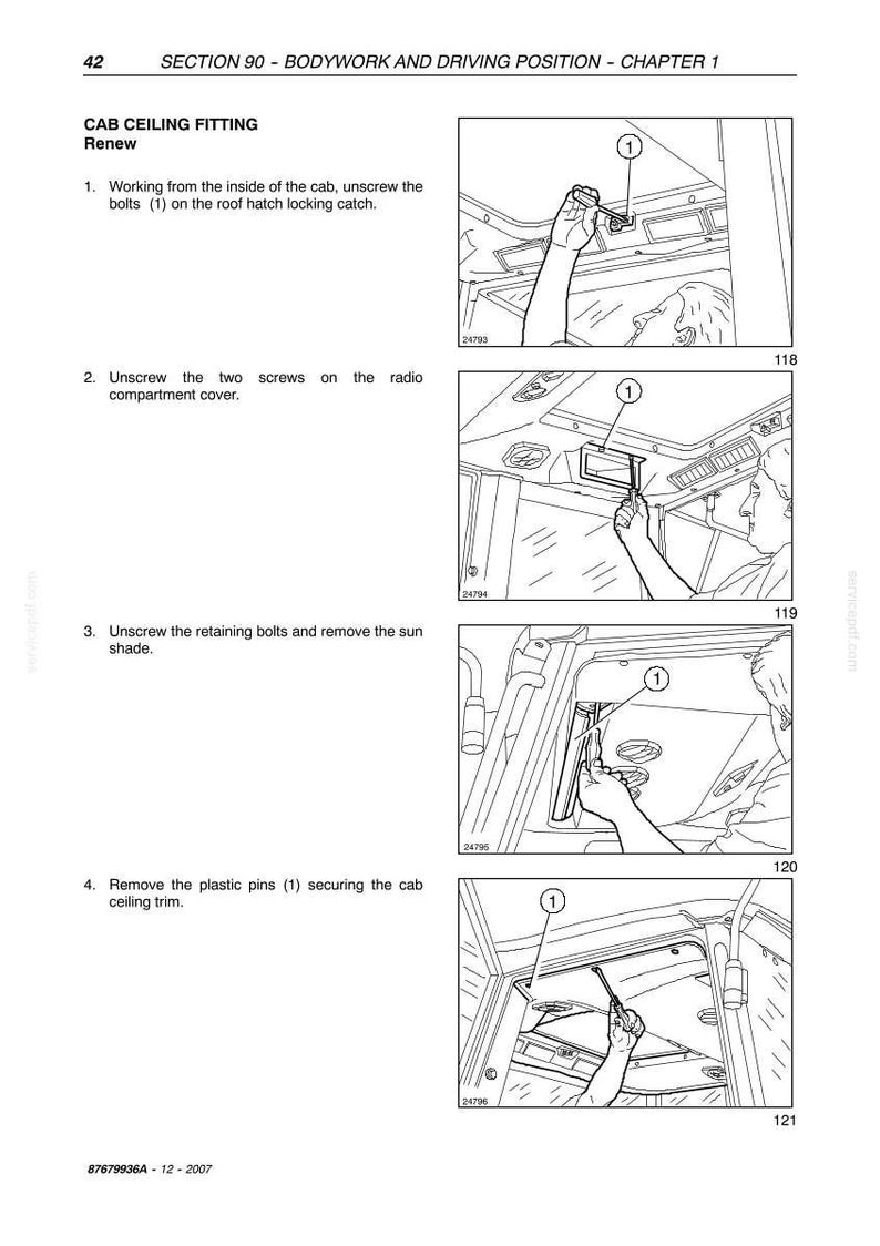 Puede incluir: Diagramas que ilustran los pasos para el montaje del techo de la cabina, incluyendo el desenroscado de pernos, tornillos y la extracci&oacute;n de la visera y los pasadores de pl&aacute;stico. Los diagramas son de un manual.