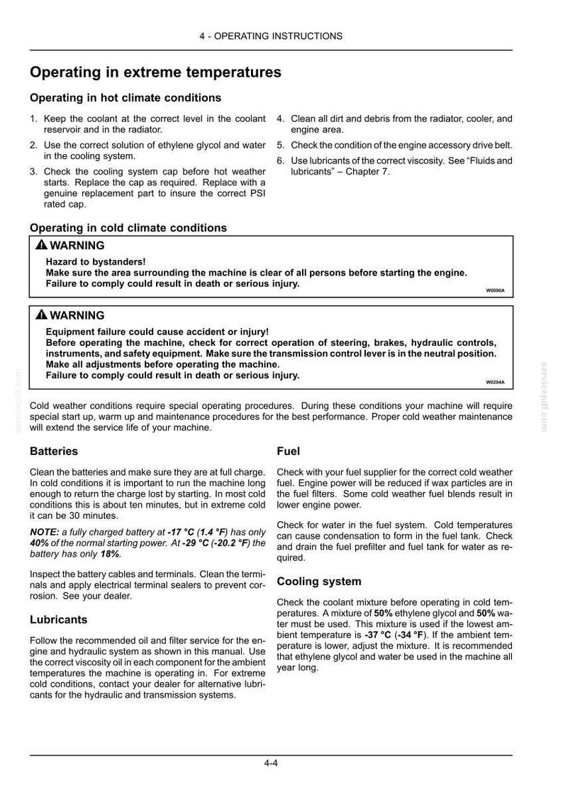 May include: A page from a manual with the title "Operating in extreme temperatures." The text provides instructions for operating in hot and cold climate conditions, including warnings, battery maintenance, and fuel and cooling system checks.