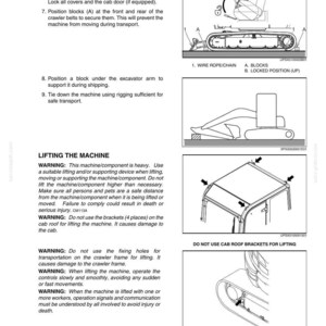 Może przedstawiać: Strona z instrukcji technicznej zatytułowana CHAPTER 5 - TRANSPORTATION, zawierająca czarno-białe rysunki techniczne koparki. Schematy ilustrują zabezpieczanie maszyny blokami, pozycje dźwigni bezpieczeństwa oraz ostrzeżenia dotyczące podnoszenia.