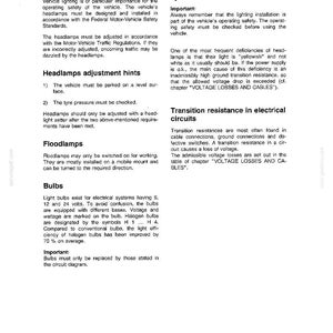 May include: A page from a technical handbook, LW80, detailing vehicle lighting. Sections cover headlamp adjustment, floodlamps, and bulbs, with emphasis on safety and regulations. Includes information on malfunctions and transition resistance in electrical circuits.