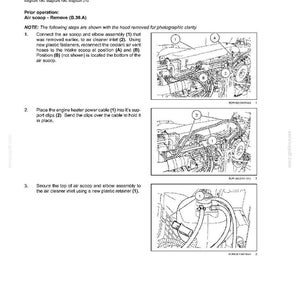 May include: Diagram of an air intake system installation, with detailed instructions and illustrations. The text includes steps for connecting the air scoop and elbow assembly, placing the engine heater power cable, and securing the air scoop.