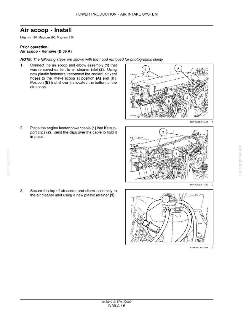 May include: Diagram of an air intake system installation, with detailed instructions and illustrations. The text includes steps for connecting the air scoop and elbow assembly, placing the engine heater power cable, and securing the air scoop.