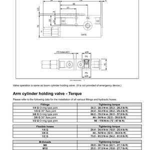 May include: Technical specifications for an arm cylinder holding valve, including dimensions and tightening torque values in lb ft and N-m. The diagram shows the valve's components and fittings, with measurements in millimeters.