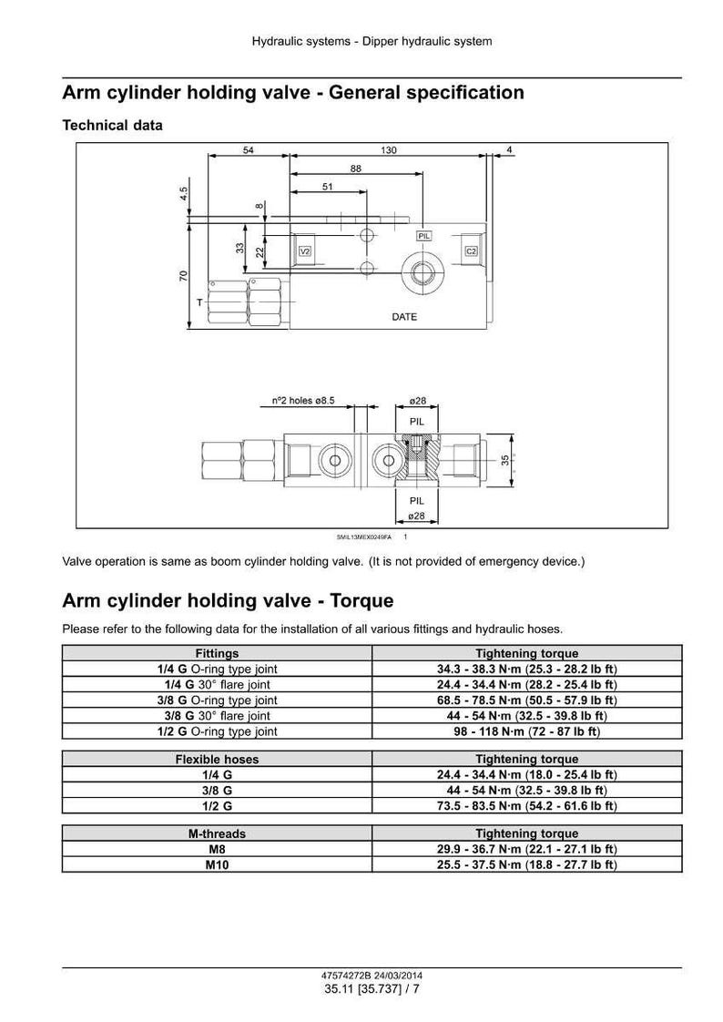 May include: Technical specifications for an arm cylinder holding valve, including dimensions and tightening torque values in lb ft and N-m. The diagram shows the valve's components and fittings, with measurements in millimeters.