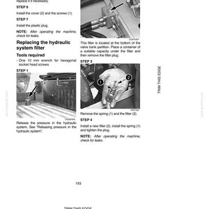 May include: A page from a manual detailing hydraulic system filter replacement. The text includes steps, tool requirements, and diagrams. The image shows close-ups of mechanical components and instructions for maintenance.