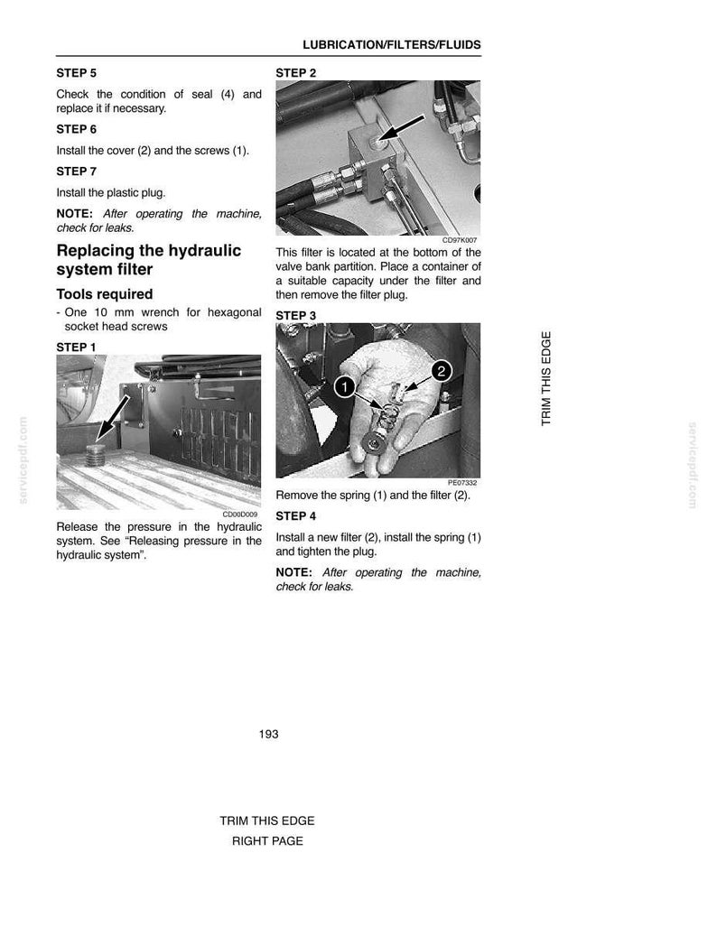 May include: A page from a manual detailing hydraulic system filter replacement. The text includes steps, tool requirements, and diagrams. The image shows close-ups of mechanical components and instructions for maintenance.