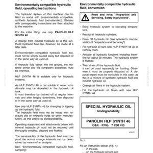 May include: A page from an operating manual detailing environmentally compatible hydraulic fluid. The text includes instructions for use, conversion, and maintenance of the hydraulic system, with a focus on biodegradability and the use of PANOLIN HLP SYNTH 46 oil.