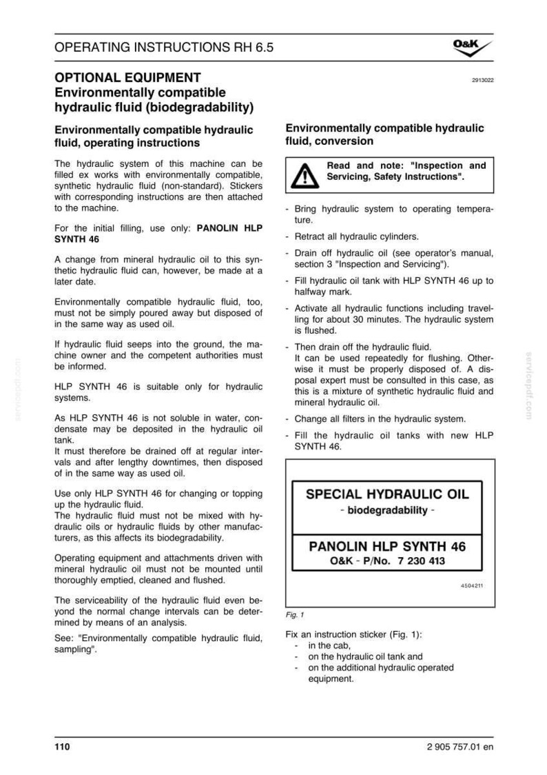 May include: A page from an operating manual detailing environmentally compatible hydraulic fluid. The text includes instructions for use, conversion, and maintenance of the hydraulic system, with a focus on biodegradability and the use of PANOLIN HLP SYNTH 46 oil.