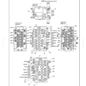 May include: Detailed technical diagram of a main control valve for hydraulic systems. The diagram includes multiple views and labels, such as "Overview," "Travel (right)," and "Boom 1." The diagram is in black and white.