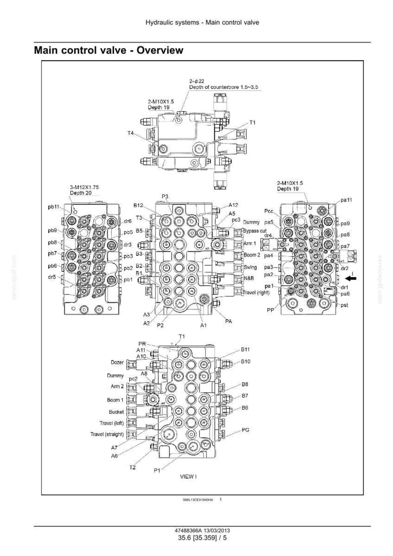 May include: Detailed technical diagram of a main control valve for hydraulic systems. The diagram includes multiple views and labels, such as "Overview," "Travel (right)," and "Boom 1." The diagram is in black and white.