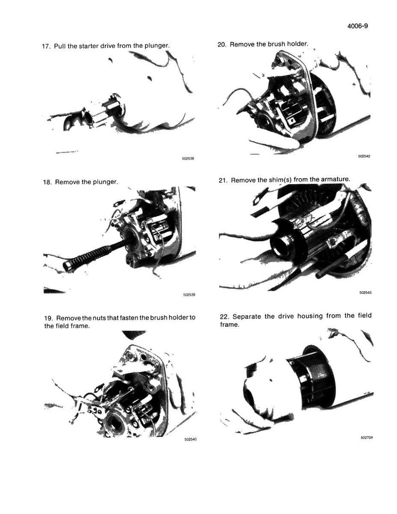 May include: A black and white diagram showing the steps to disassemble a mechanical component. The steps include removing parts such as the starter drive, plunger, brush holder, and armature shims. Text labels each step.