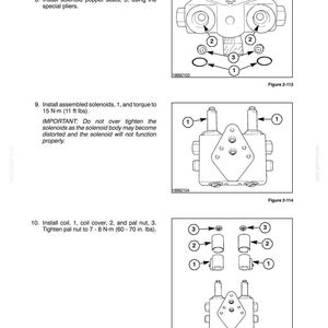 May include: A technical manual page titled SECTION 2 - HYDRAULIC AND HYDROSTATIC SYSTEMS. It features three diagrams, Figure 2-113, 2-114, and 2-115, showing the assembly of valve bodies, solenoids, coils, covers, and nuts with numbered parts.