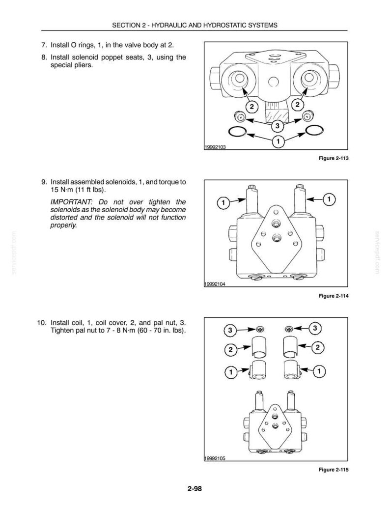 May include: A technical manual page titled SECTION 2 - HYDRAULIC AND HYDROSTATIC SYSTEMS. It features three diagrams, Figure 2-113, 2-114, and 2-115, showing the assembly of valve bodies, solenoids, coils, covers, and nuts with numbered parts.
