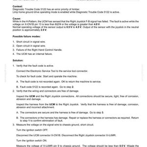Puede incluir: Documento t&eacute;cnico sobre c&oacute;digos de fallo para sistemas el&eacute;ctricos, titulado "5122-Right Joystick F-B Axis - Pin B Short to Power/ Short to Ground/ Open Circuit". Incluye pasos de diagn&oacute;stico y soluciones. El documento est&aacute; fechado el 06/05/2014.