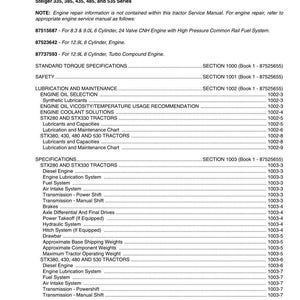 Puede incluir: Un detallado &iacute;ndice de un manual para tractores de las series STX y Steiger. El documento enumera especificaciones, lubricaci&oacute;n, mantenimiento e informaci&oacute;n del motor para varios modelos de tractores. Texto negro sobre fondo blanco.