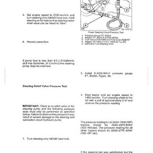 May include: Diagram of a power steering circuit pressure test, including a pressure gauge, adaptors, and hoses. Text instructions detail the steps for testing and troubleshooting the steering system, with pressure readings in lbf/in&sup2;.