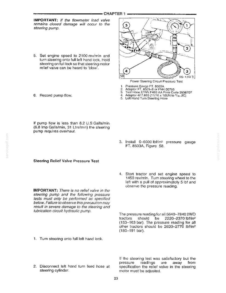 May include: Diagram of a power steering circuit pressure test, including a pressure gauge, adaptors, and hoses. Text instructions detail the steps for testing and troubleshooting the steering system, with pressure readings in lbf/in&sup2;.
