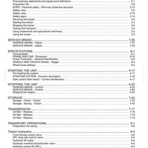 May include: A black and white table of contents page from a technical manual for agricultural machinery. The text lists sections including Safety Information, Service Brake, Specifications, Starting the Unit, Stopping the Unit, Storage, and Transmission.