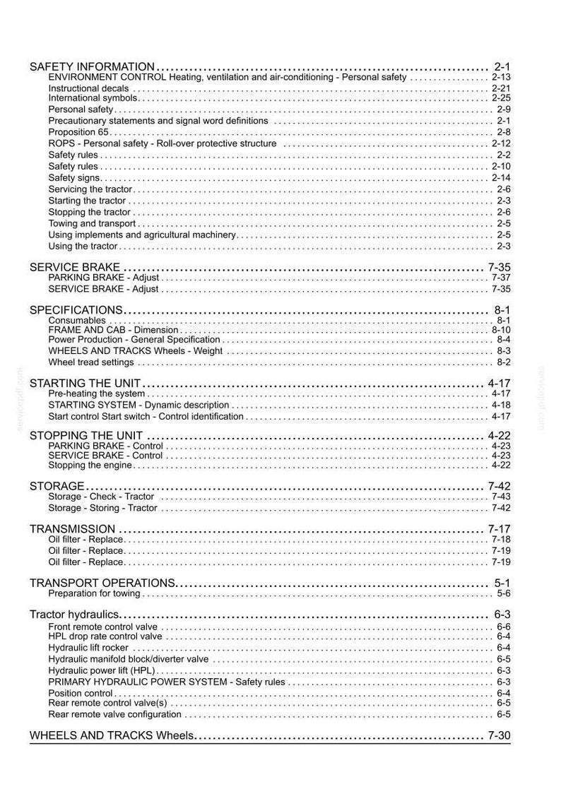 May include: A black and white table of contents page from a technical manual for agricultural machinery. The text lists sections including Safety Information, Service Brake, Specifications, Starting the Unit, Stopping the Unit, Storage, and Transmission.