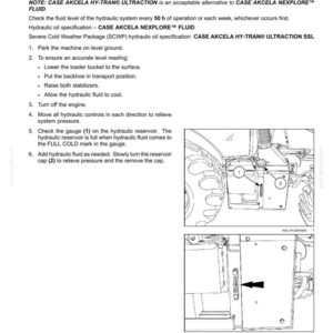 May include: Diagram of a hydraulic reservoir fluid level check. The image includes text instructions, a gauge, and a reservoir cap. The text provides steps for checking and maintaining the fluid level.
