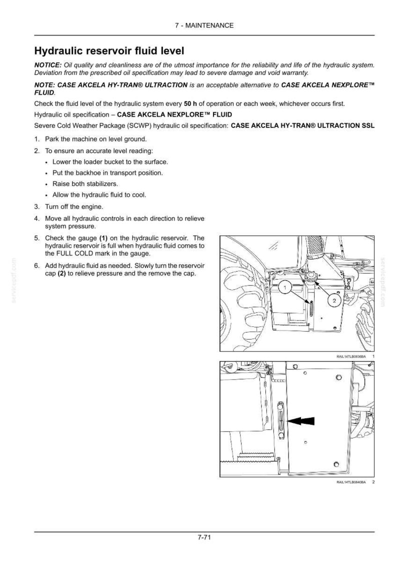 May include: Diagram of a hydraulic reservoir fluid level check. The image includes text instructions, a gauge, and a reservoir cap. The text provides steps for checking and maintaining the fluid level.